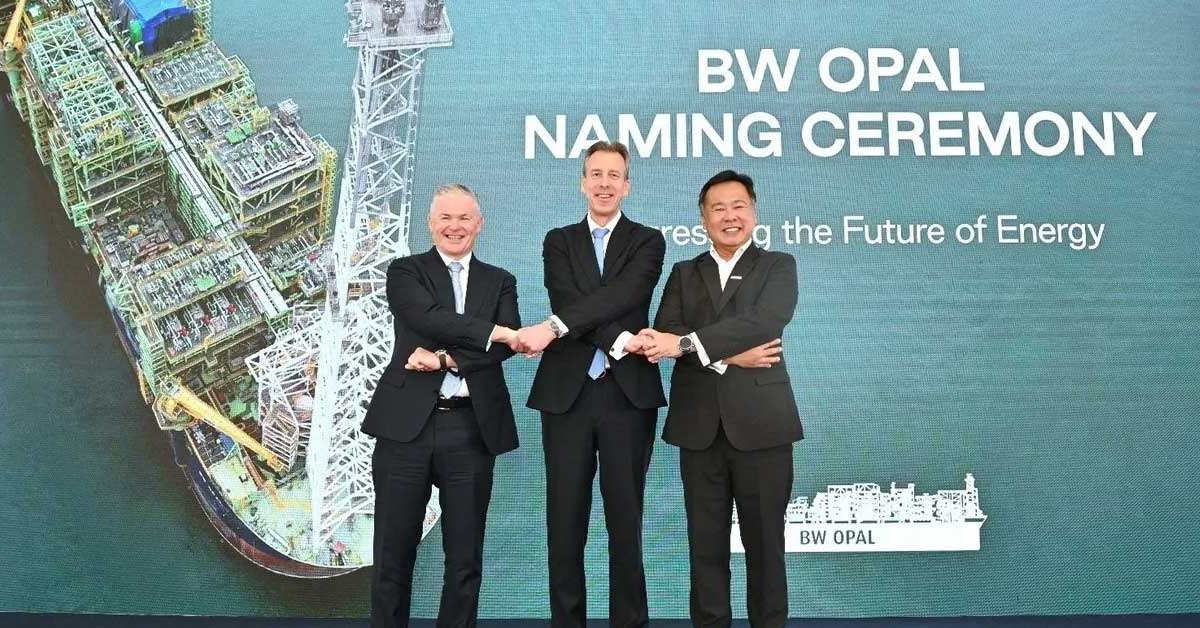 Santos CEO Kevin Gallagher, BW Offshore CEO Marco Beenen and Seatrium CEO Chris Ong at the naming ceremony of FPSO BW Opal in June this year